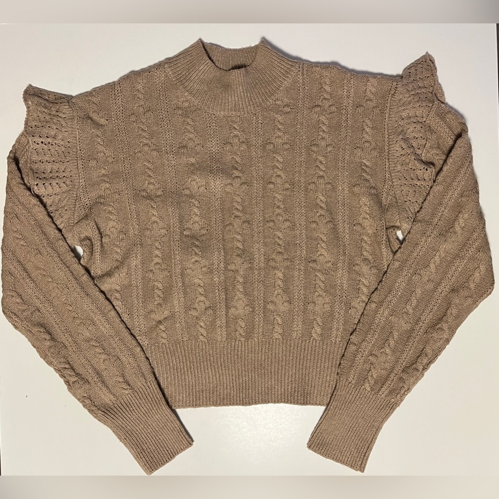 Sweet Republic Women’s Cream Mockneck Ruffle Shoulder Sweater, Size XL